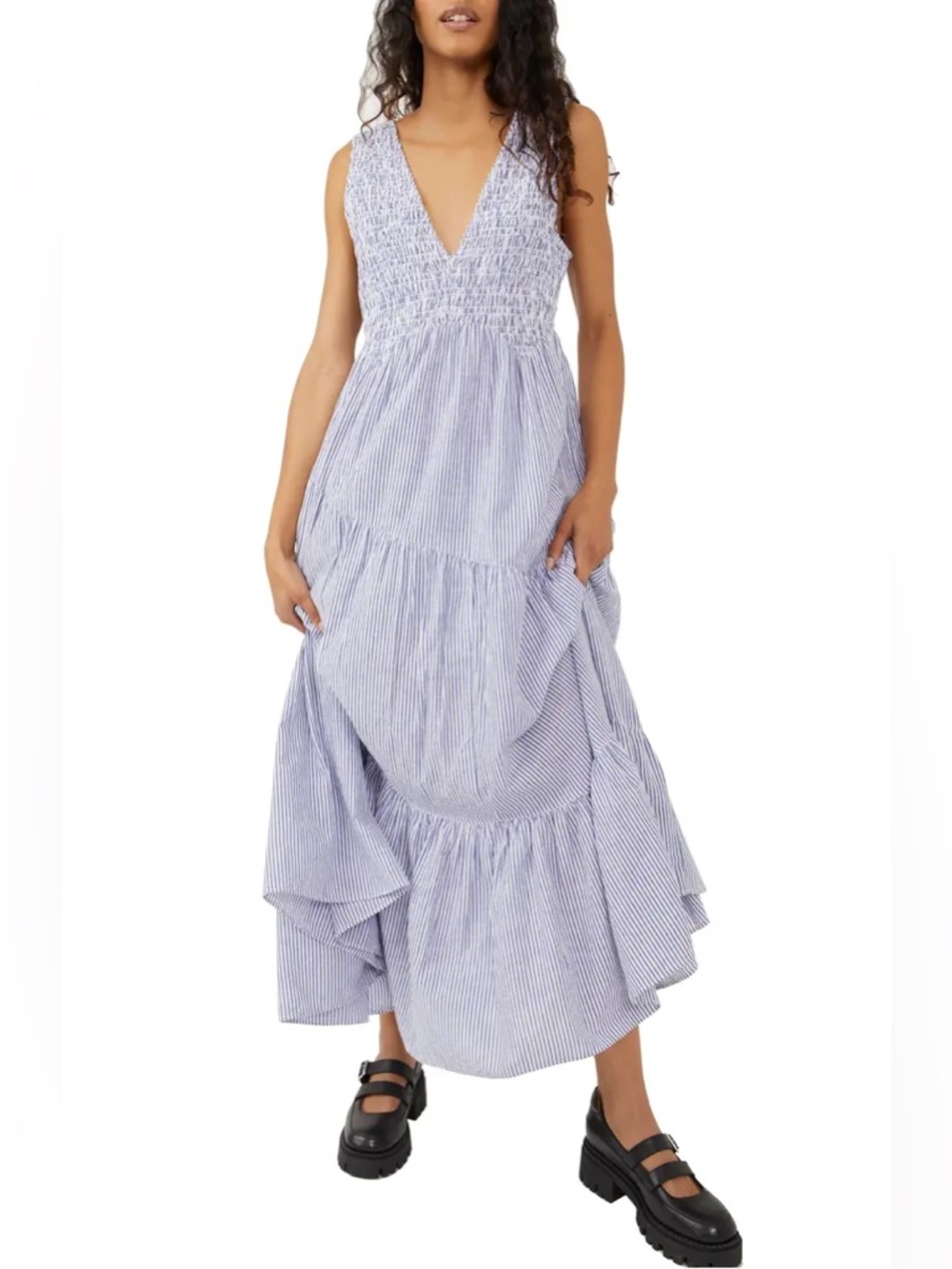 Free People blue striped Juno Sleeveless Smocked Tiered Maxi Dress